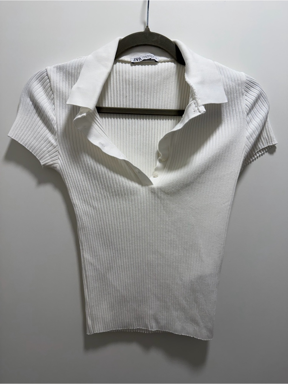 Zara Stretch Ribbed Knit Polo Short Sleeve Top - White Sz M